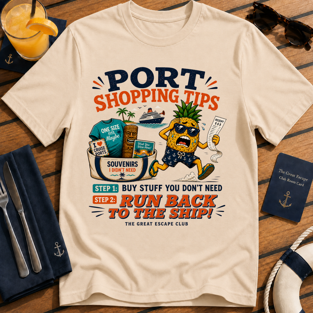 Port Shopping Tips funny cruise shore excursion natural tan t-shirt for port day shopping and souvenir hunters by The Great Escape Club