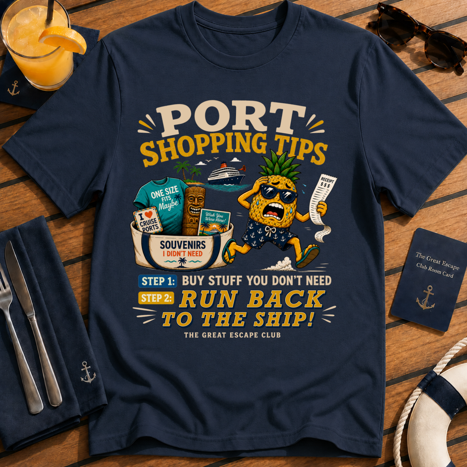 Port Shopping Tips funny navy cruise shore excursion t-shirt for port day shopping and souvenir hunters by The Great Escape Club