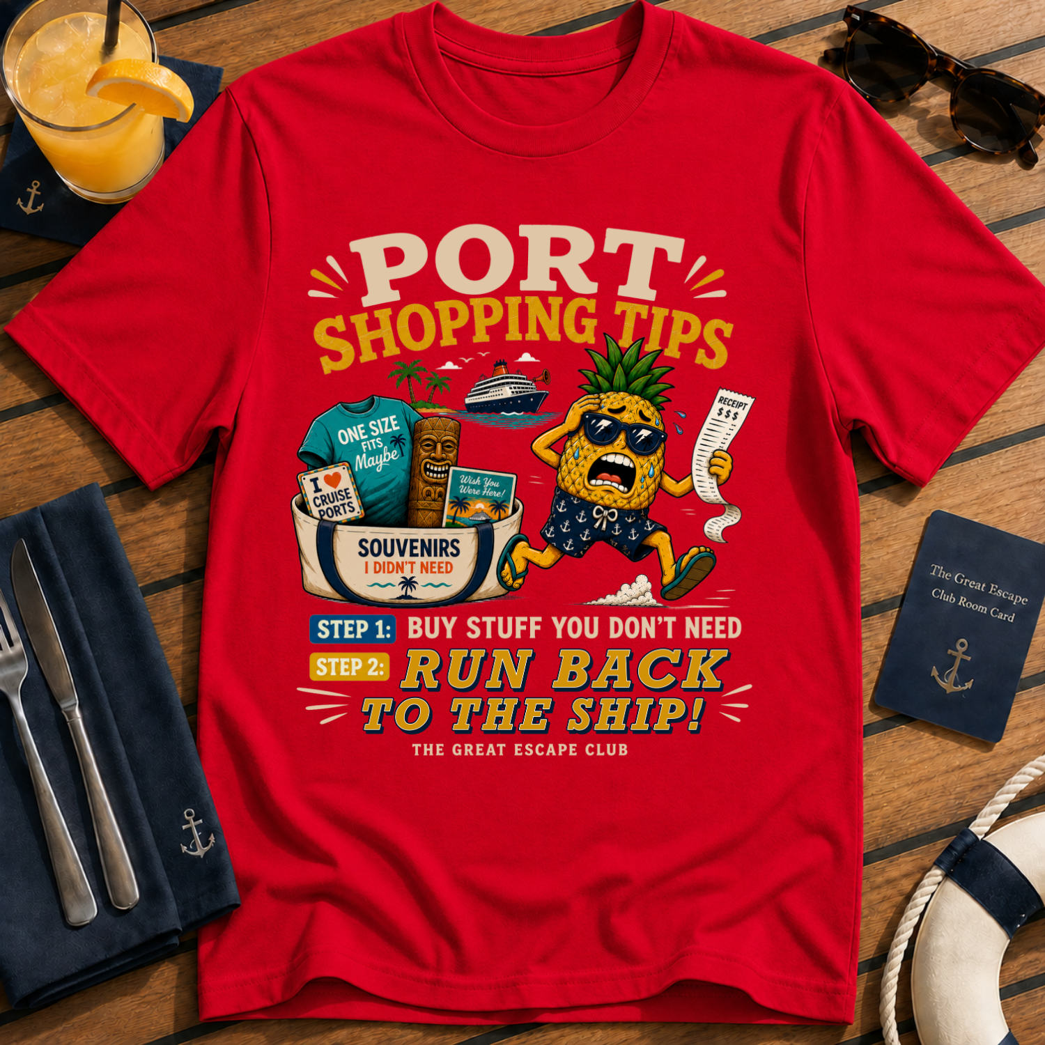 Port Shopping Tips funny red cruise shore excursion t-shirt for port day shopping and souvenir hunters by The Great Escape Club