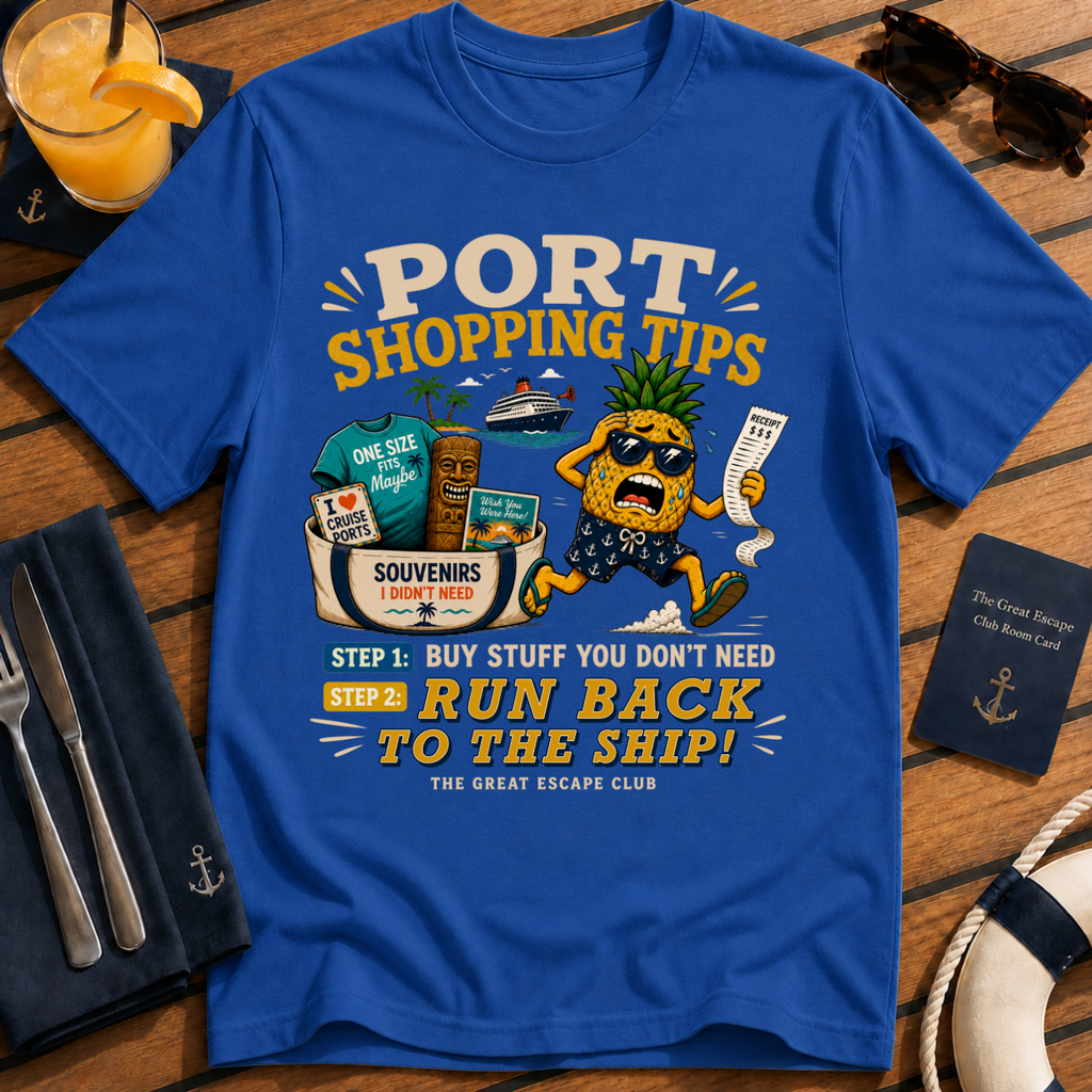 Port Shopping Tips funny royal blue cruise shore excursion t-shirt for port day shopping and souvenir hunters by The Great Escape Club