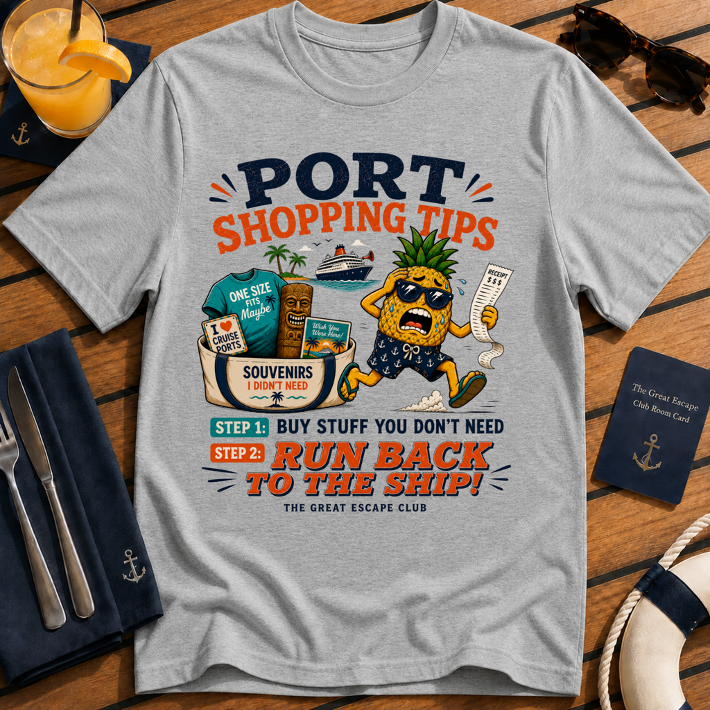 Port Shopping Tips funny grey cruise shore excursion t-shirt for port day shopping and souvenir hunters by The Great Escape Club