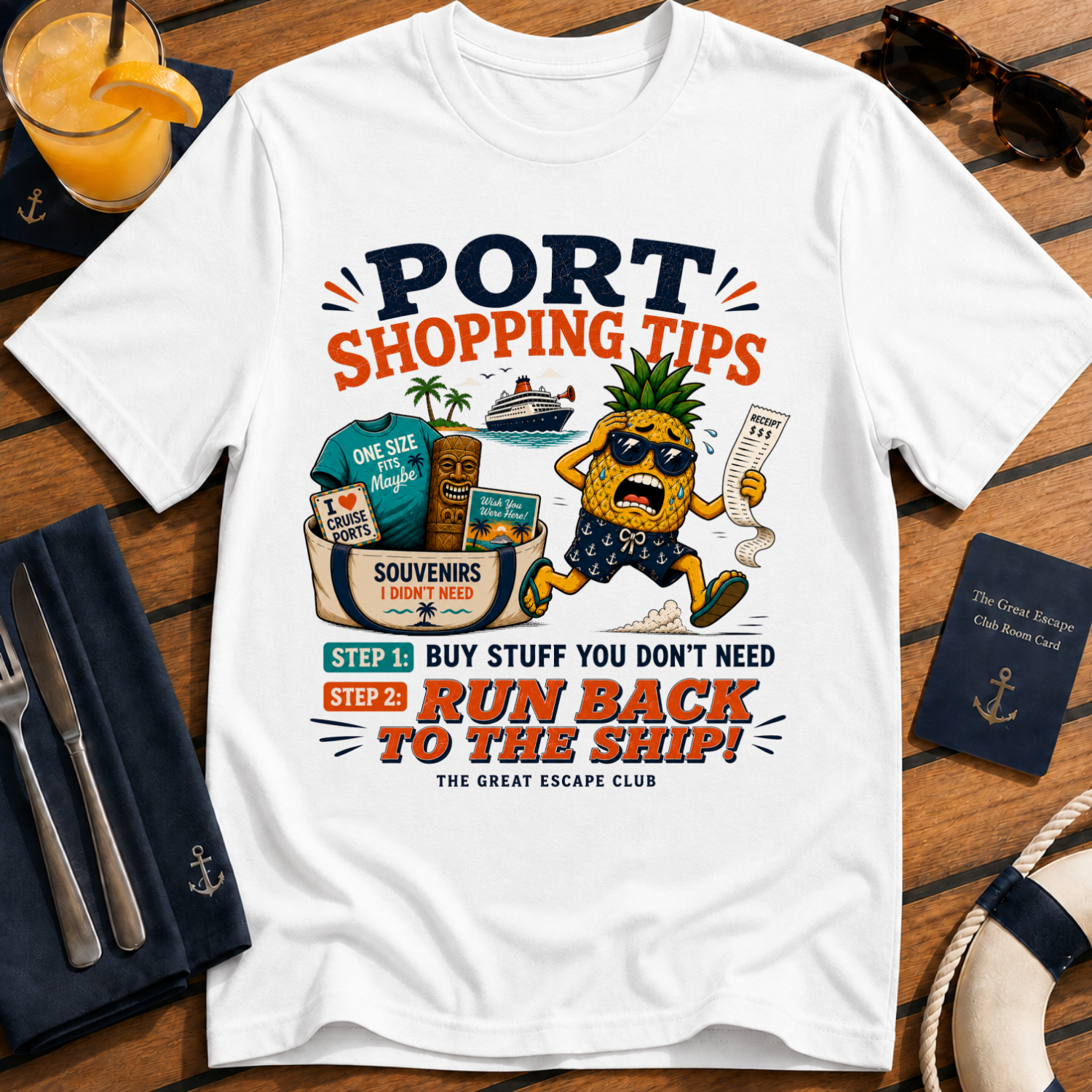 Port Shopping Tips funny cruise white shore excursion t-shirt for port day shopping and souvenir hunters by The Great Escape Club