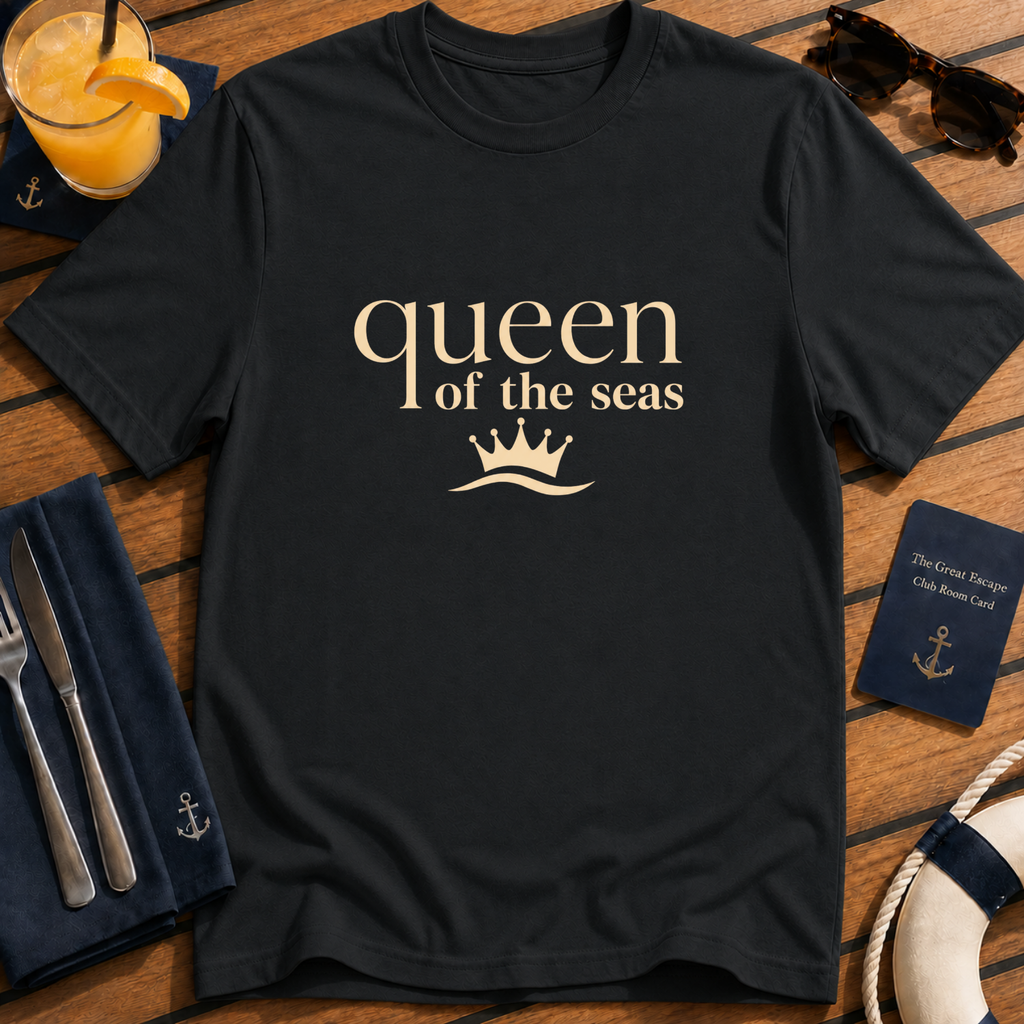 Queen of the Seas elegant cruise queen t-shirt design on Black shirt