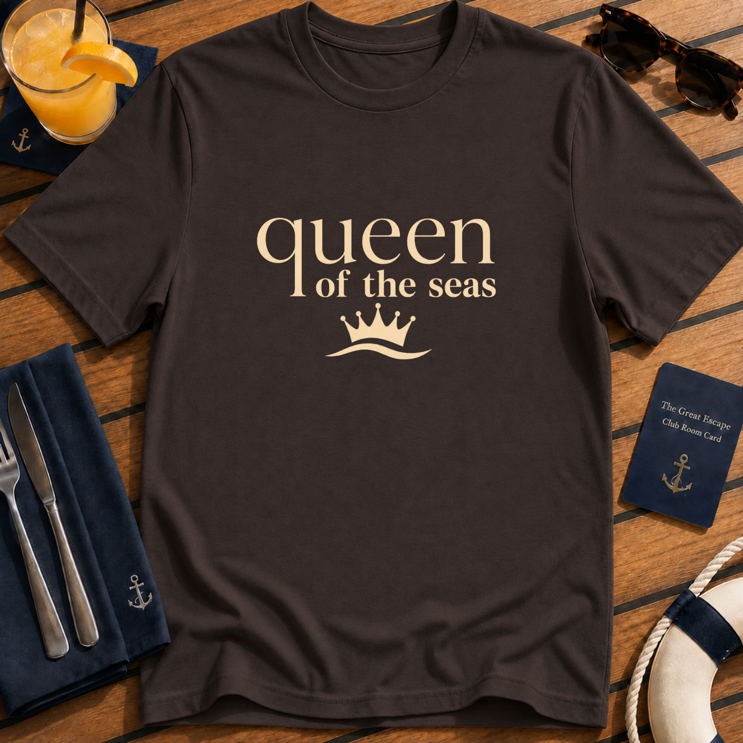 Queen of the Seas elegant cruise queen t-shirt design on Dark Chocolate shirt