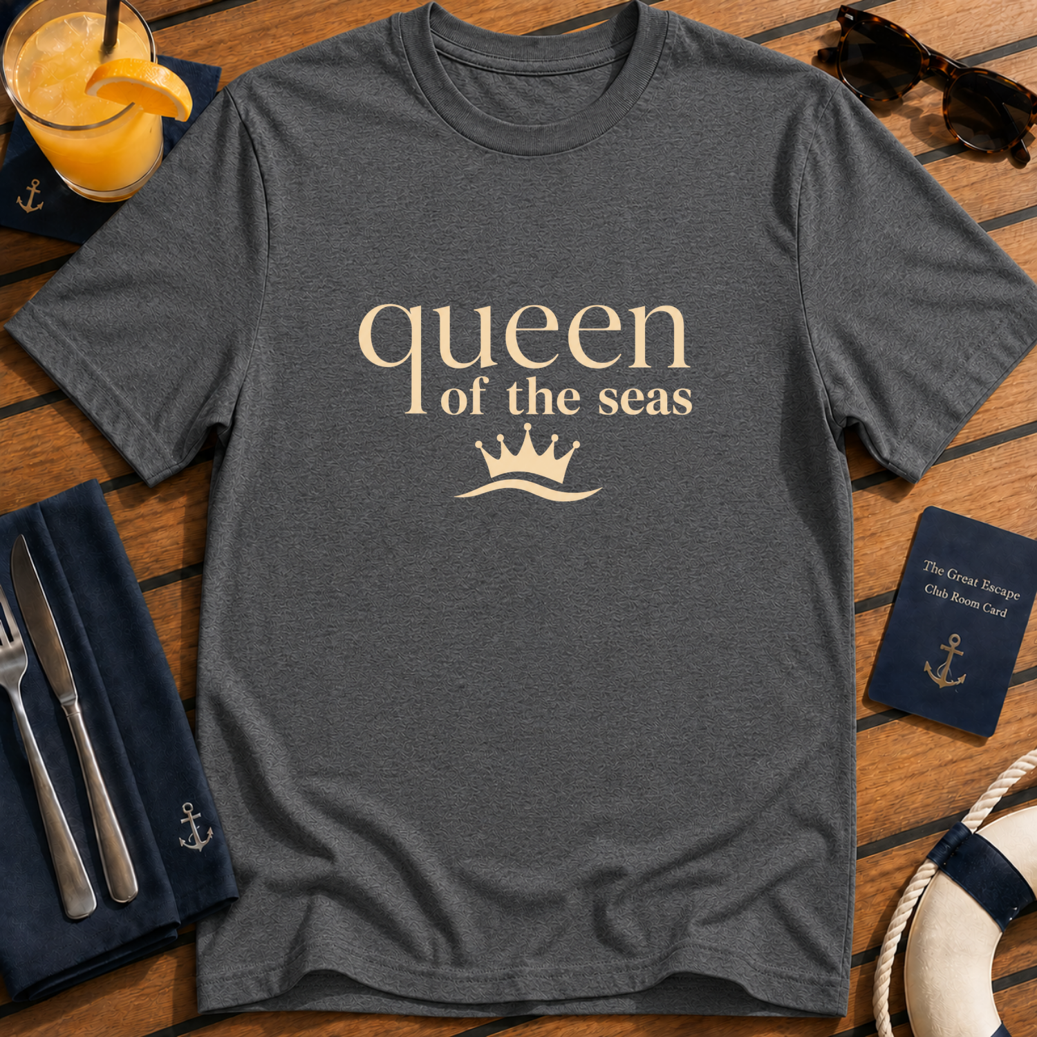 Queen of the Seas elegant cruise queen t-shirt design on Dark Heather shirt