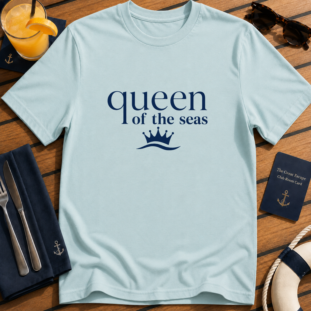 Queen of the Seas elegant cruise queen t-shirt design on Light Blue shirt