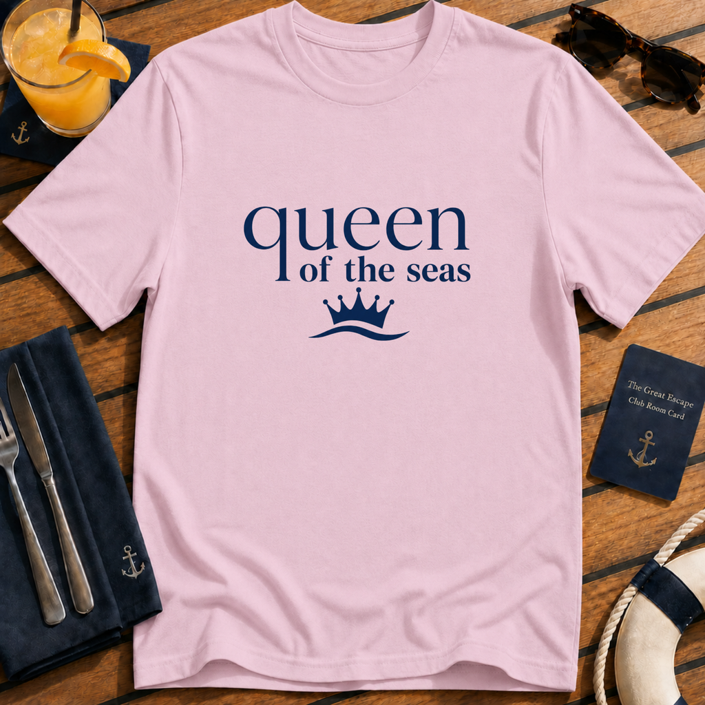 Queen of the Seas elegant cruise queen t-shirt design on Light Pink shirt