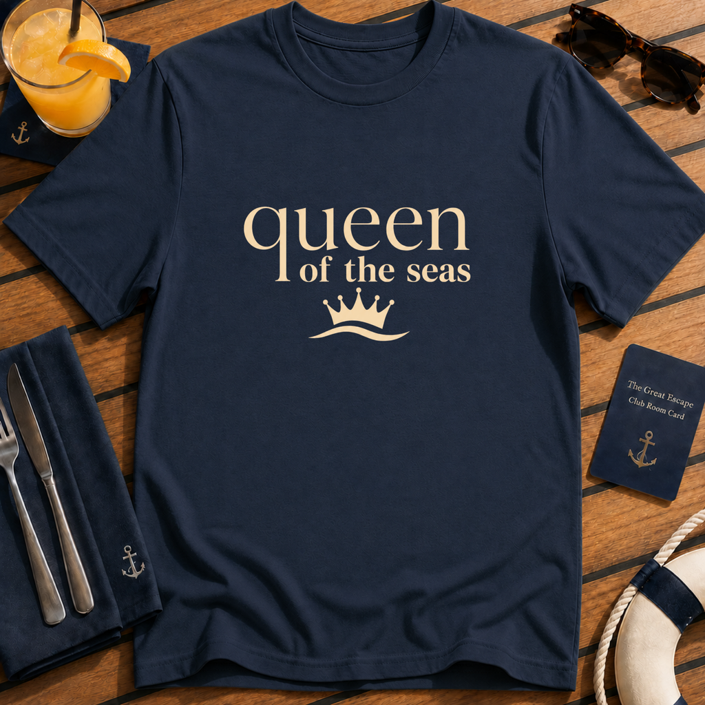 Queen of the Seas elegant cruise queen t-shirt design on Navy shirt