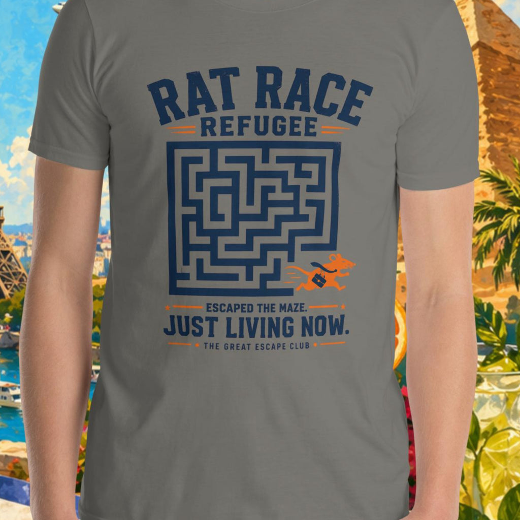 Person wearing a t-shirt with a maze design in front of a scenic background with Eiffel Tower and pyramids.