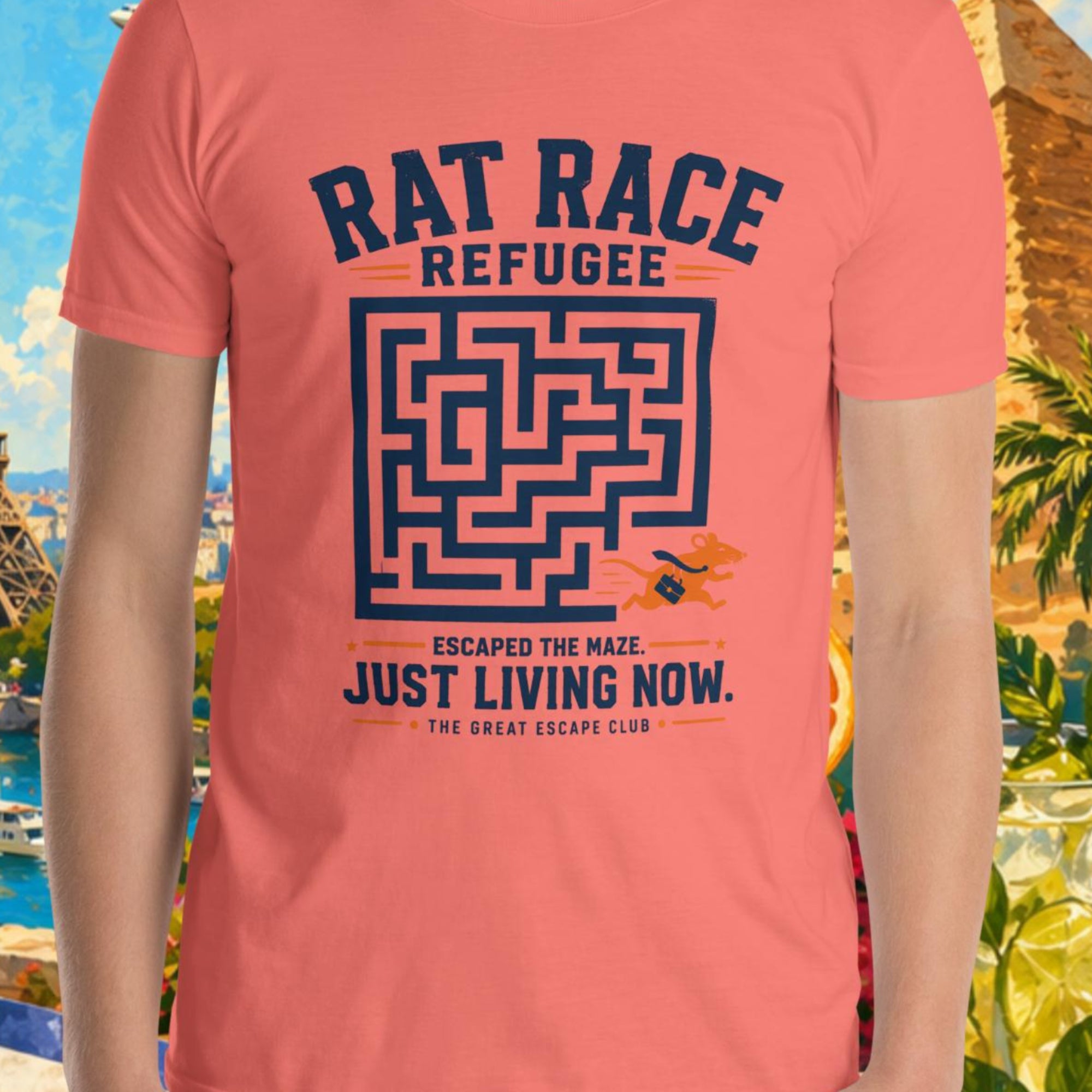 Person wearing a pink t-shirt with a maze design and text, set against a colorful background with landmarks and nature.