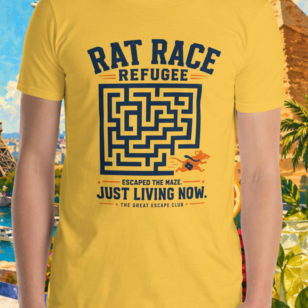 Person wearing a yellow t-shirt with a maze design and text, set against a colorful background with landmarks and nature.