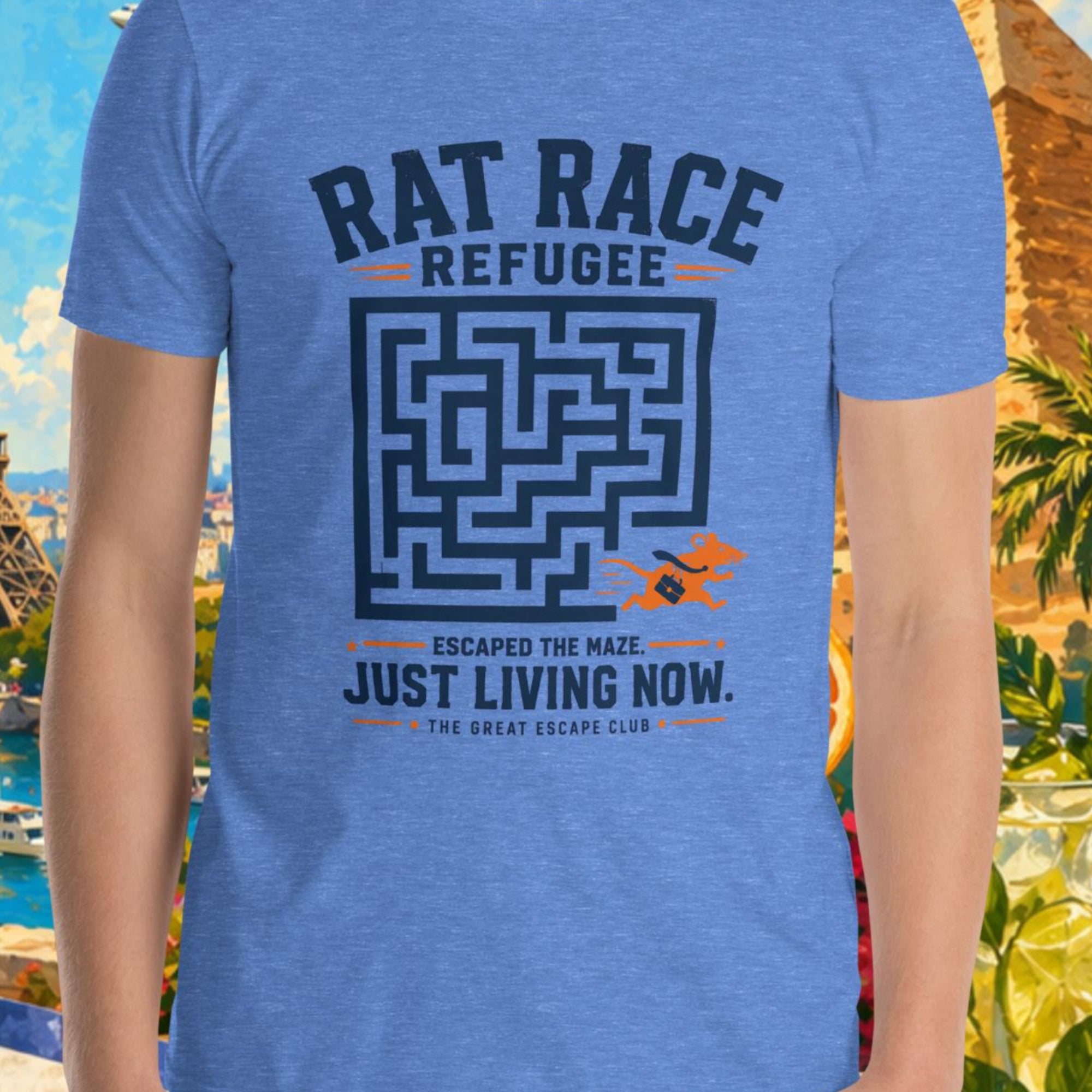 Person wearing a blue t-shirt with a maze design and text, set against a colorful background with landmarks and nature.