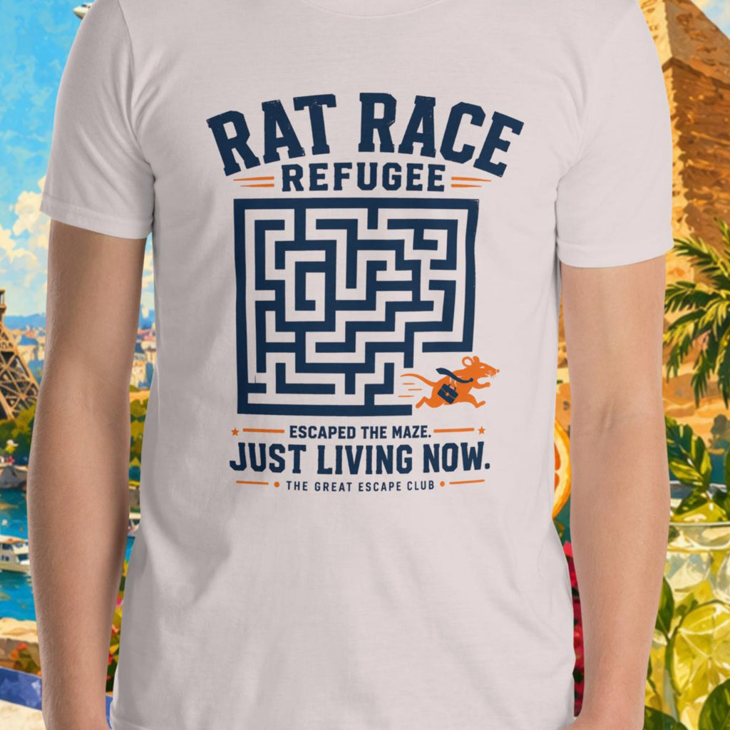 Person wearing a t-shirt with 'Rat Race Refugee' design against a colorful background with landmarks and nature.