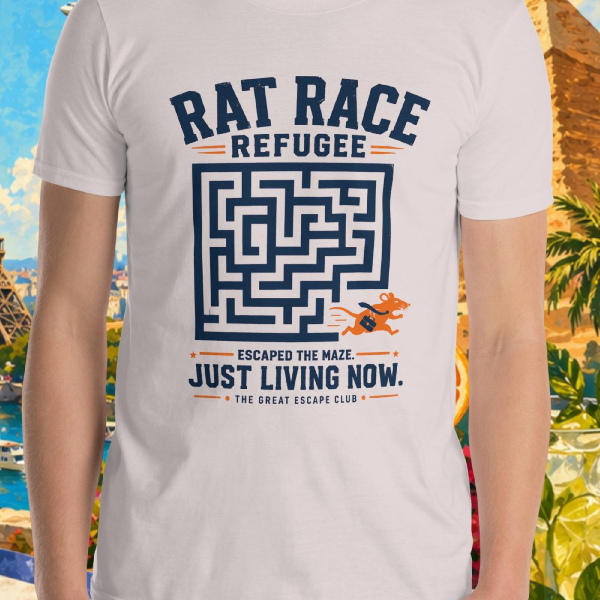 Person wearing a t-shirt with 'Rat Race Refugee' design against a colorful background with landmarks and nature.