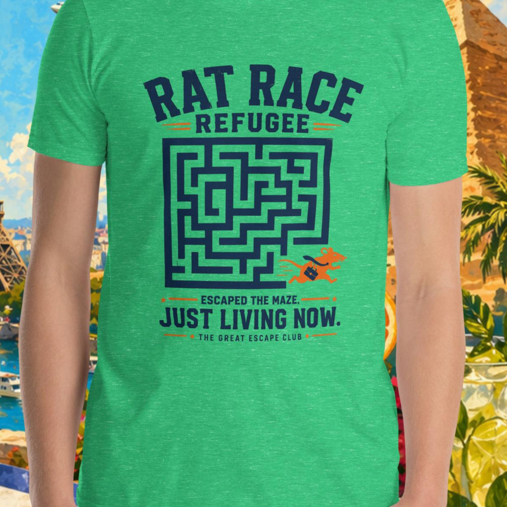 Person wearing a green t-shirt with a maze design and text, set against a colorful collage of landmarks and nature.