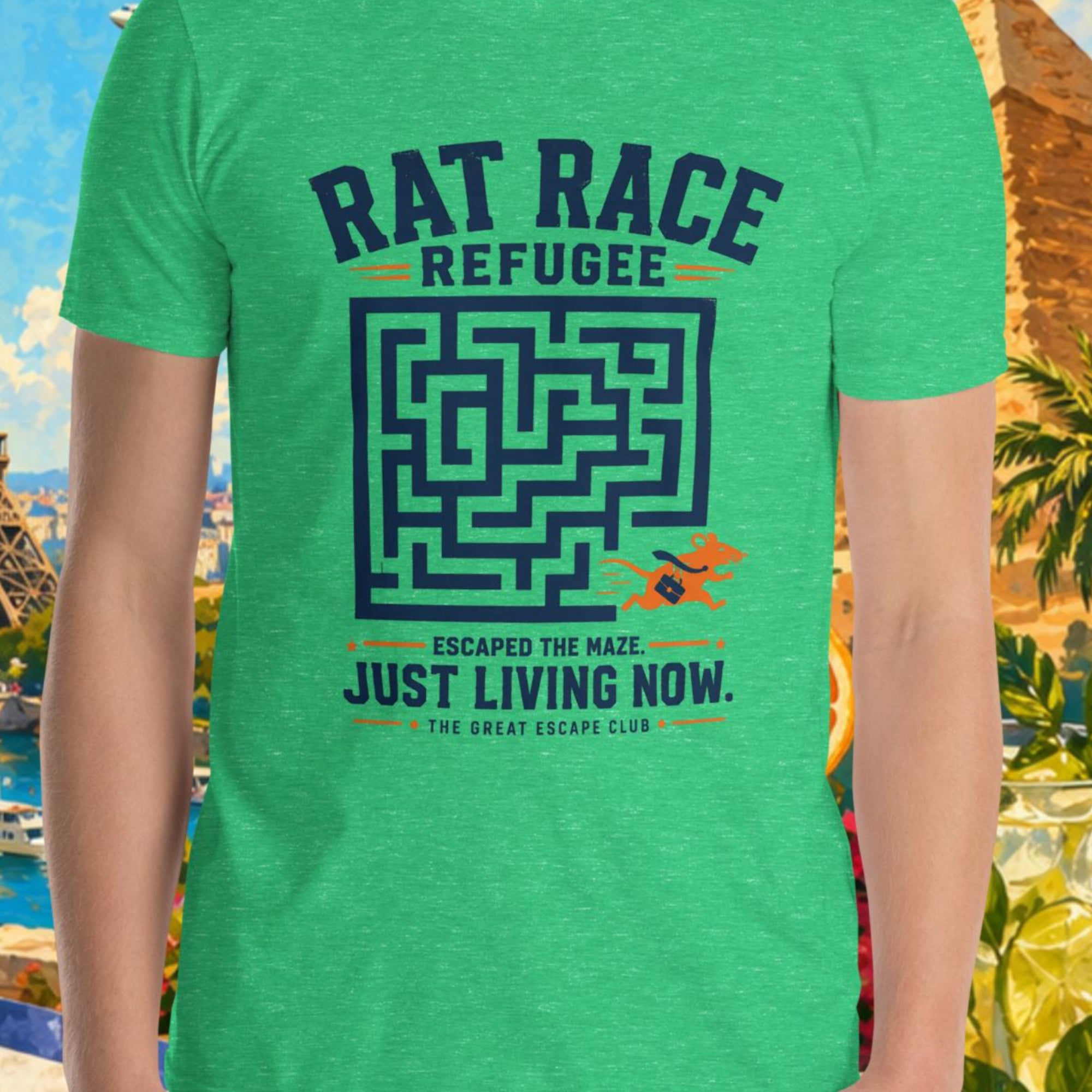 Person wearing a green t-shirt with a maze design and text, set against a colorful collage of landmarks and nature.