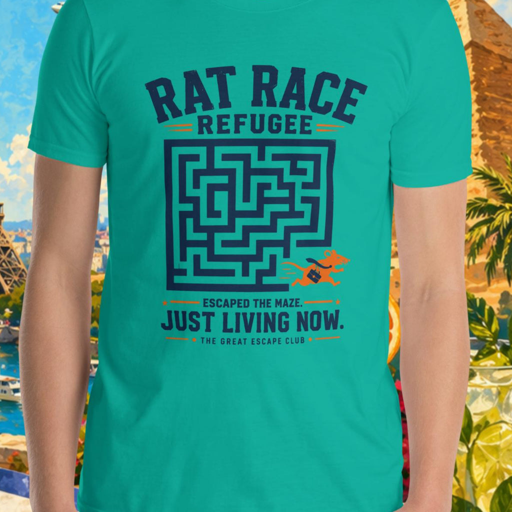 Person wearing a teal t-shirt with a graphic design in front of a colorful background with landmarks and nature.