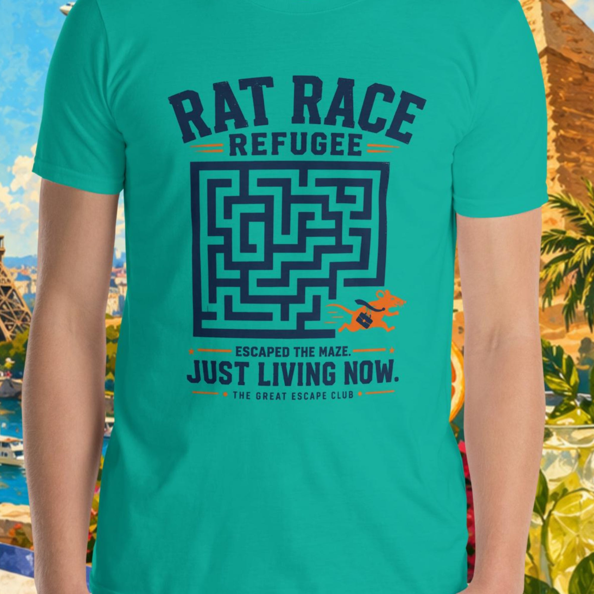 Person wearing a teal t-shirt with a graphic design in front of a colorful background with landmarks and nature.