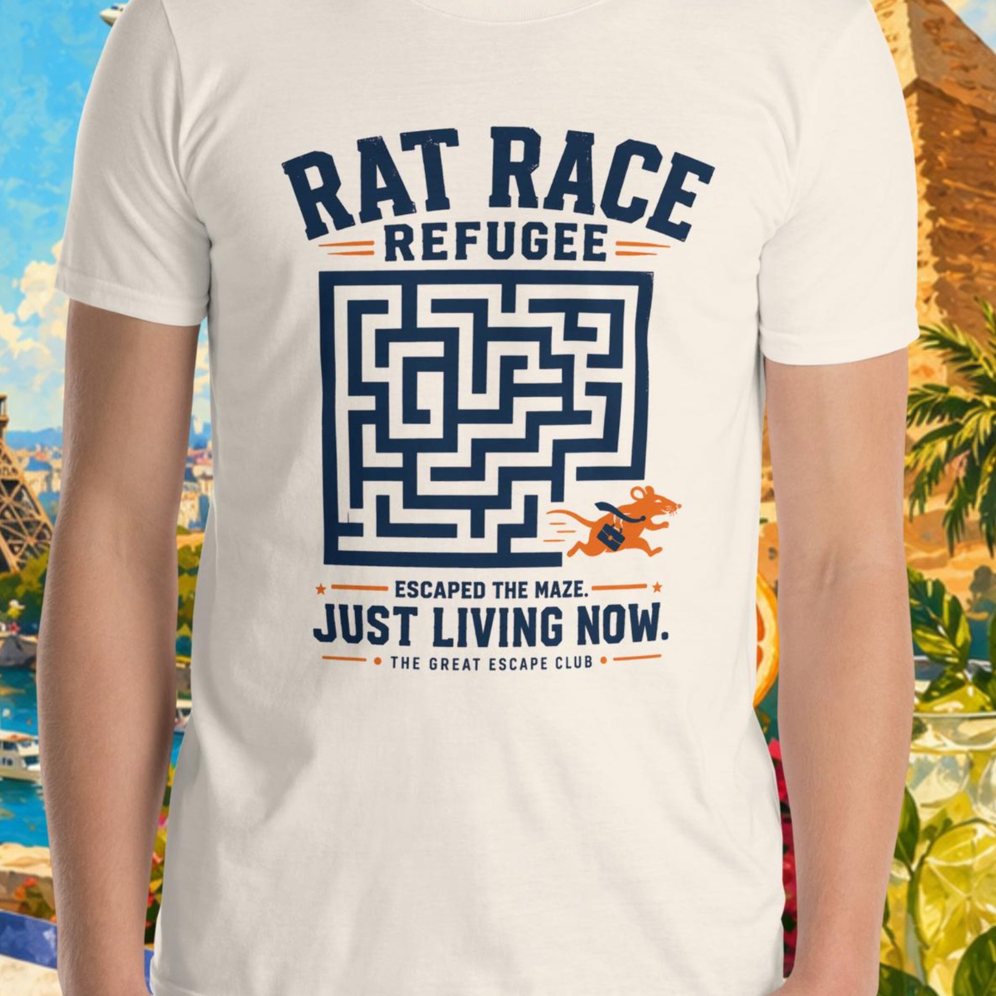 Person wearing a t-shirt with 'Rat Race Refugee' design in front of a scenic background with Eiffel Tower and pyramids.