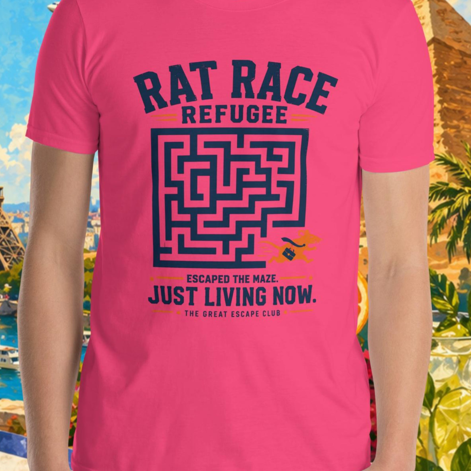 Person wearing a pink t-shirt with a maze design and text, set against a colorful collage of landmarks and nature.