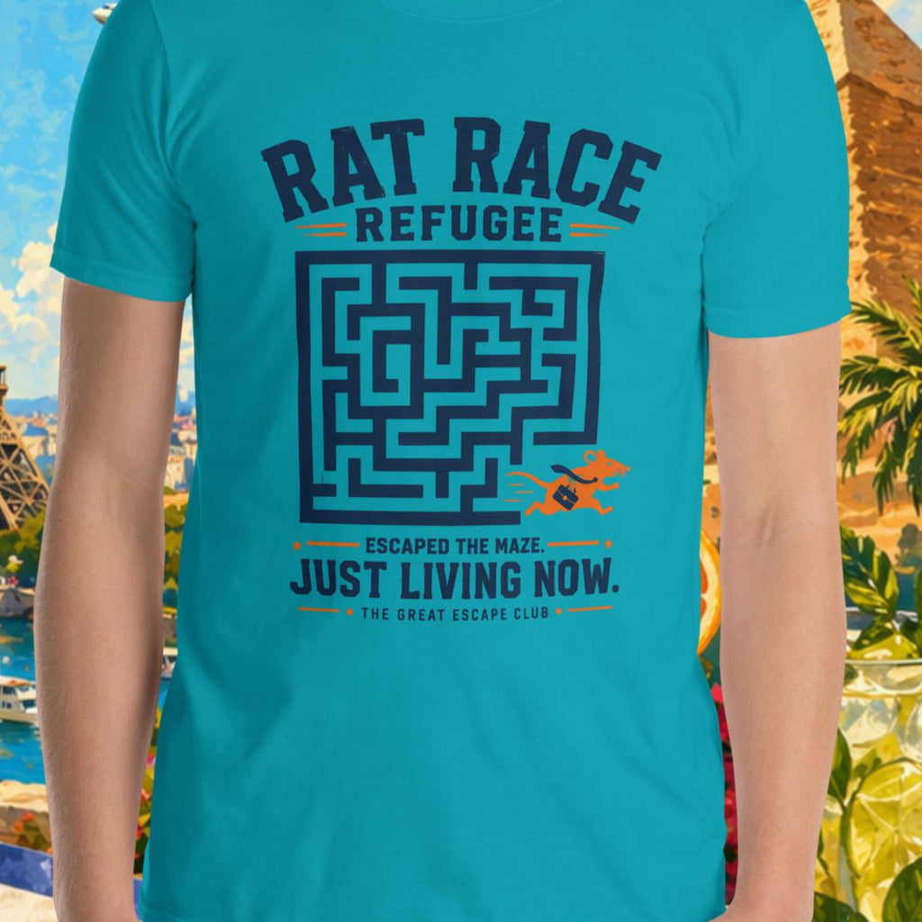 Person wearing a blue t-shirt with a maze design and text, set against a colorful background with landmarks and nature.