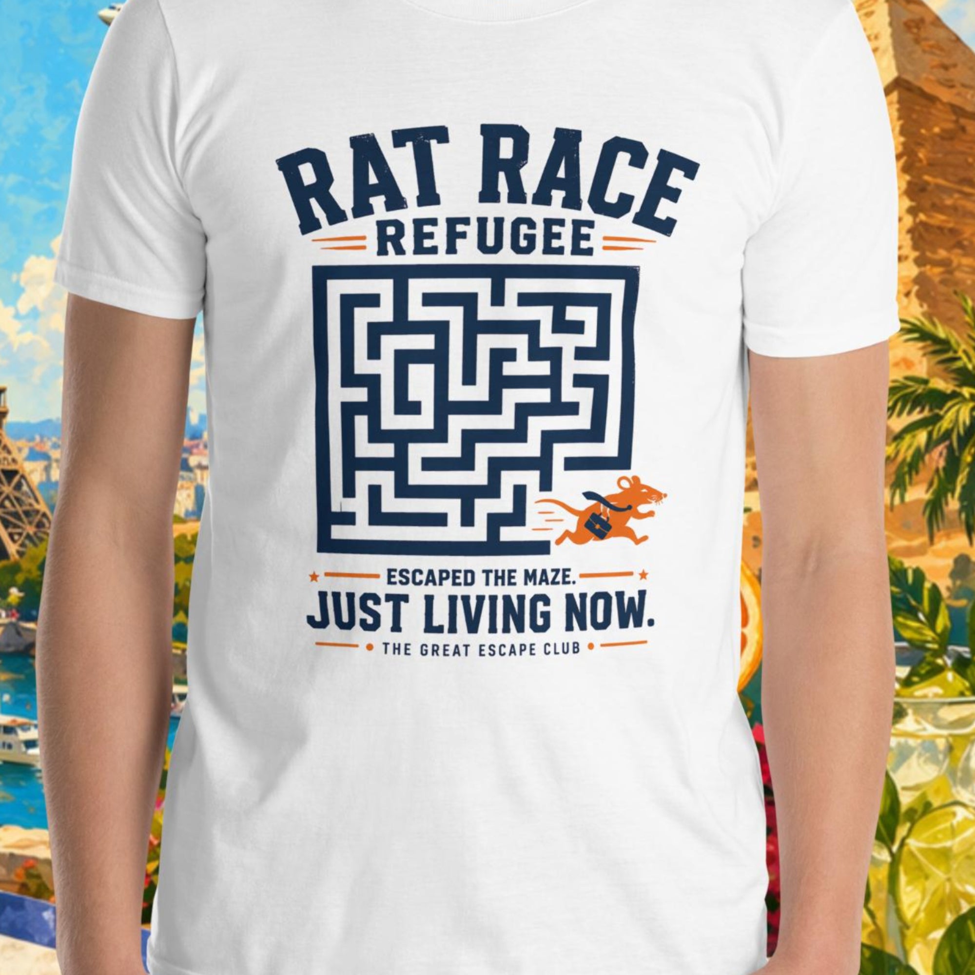 Person wearing a white t-shirt with a graphic design in front of a colorful background with landmarks and nature.