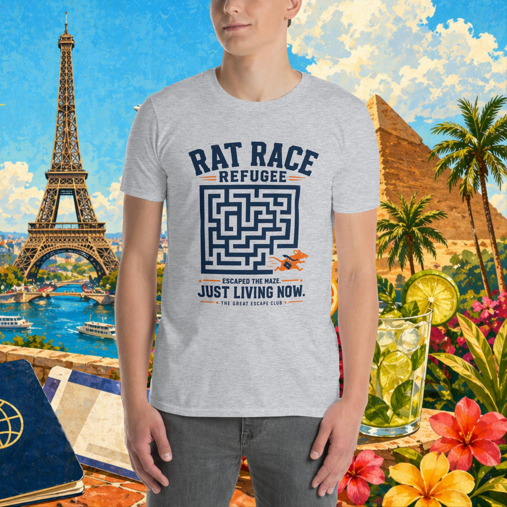 Person wearing a t-shirt with a maze design and text, set against a colorful background with landmarks and nature.