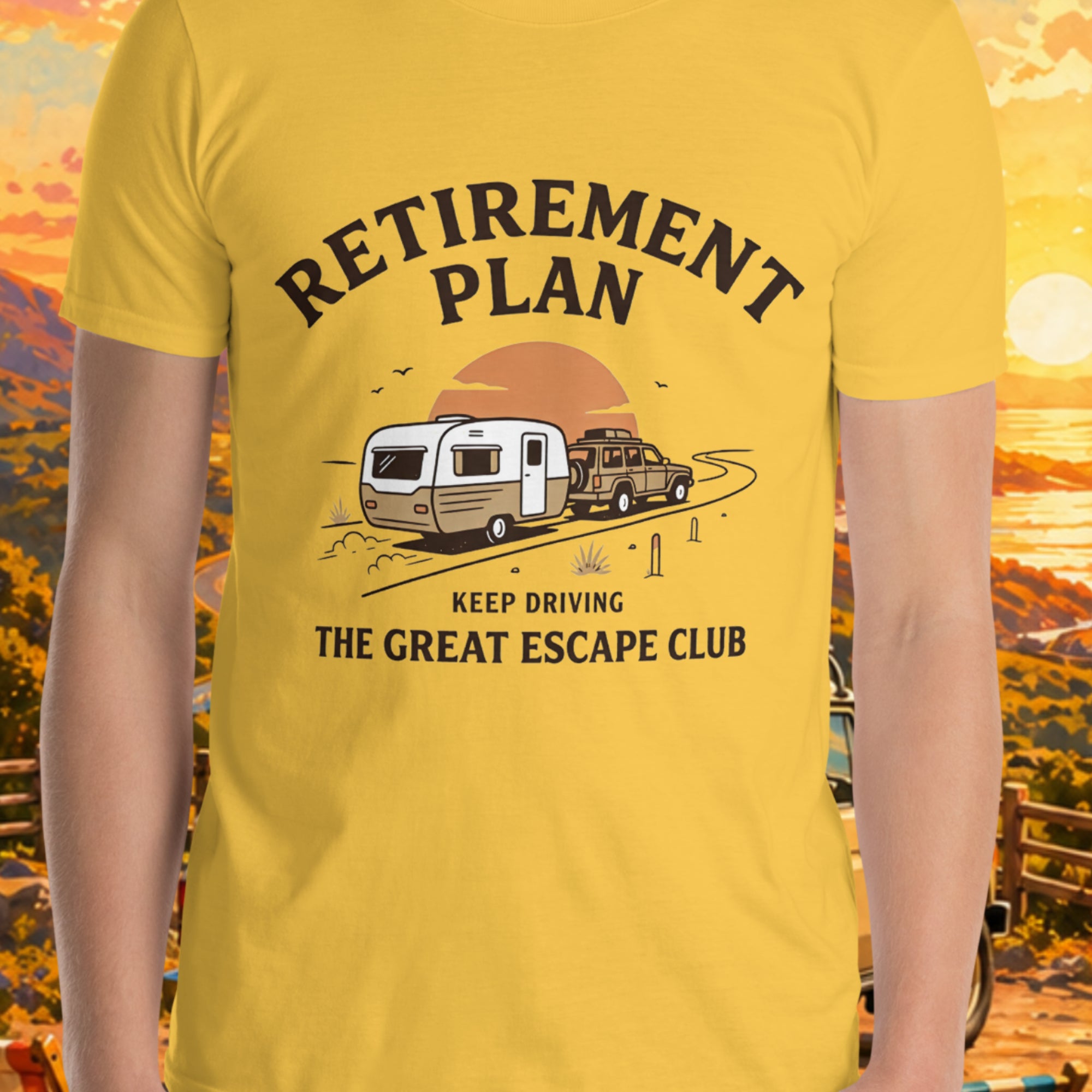 Retirement Plan Keep Driving unisex daisy yellow T-shirt with retro caravan road trip design for grey nomads, retirees and travel lovers