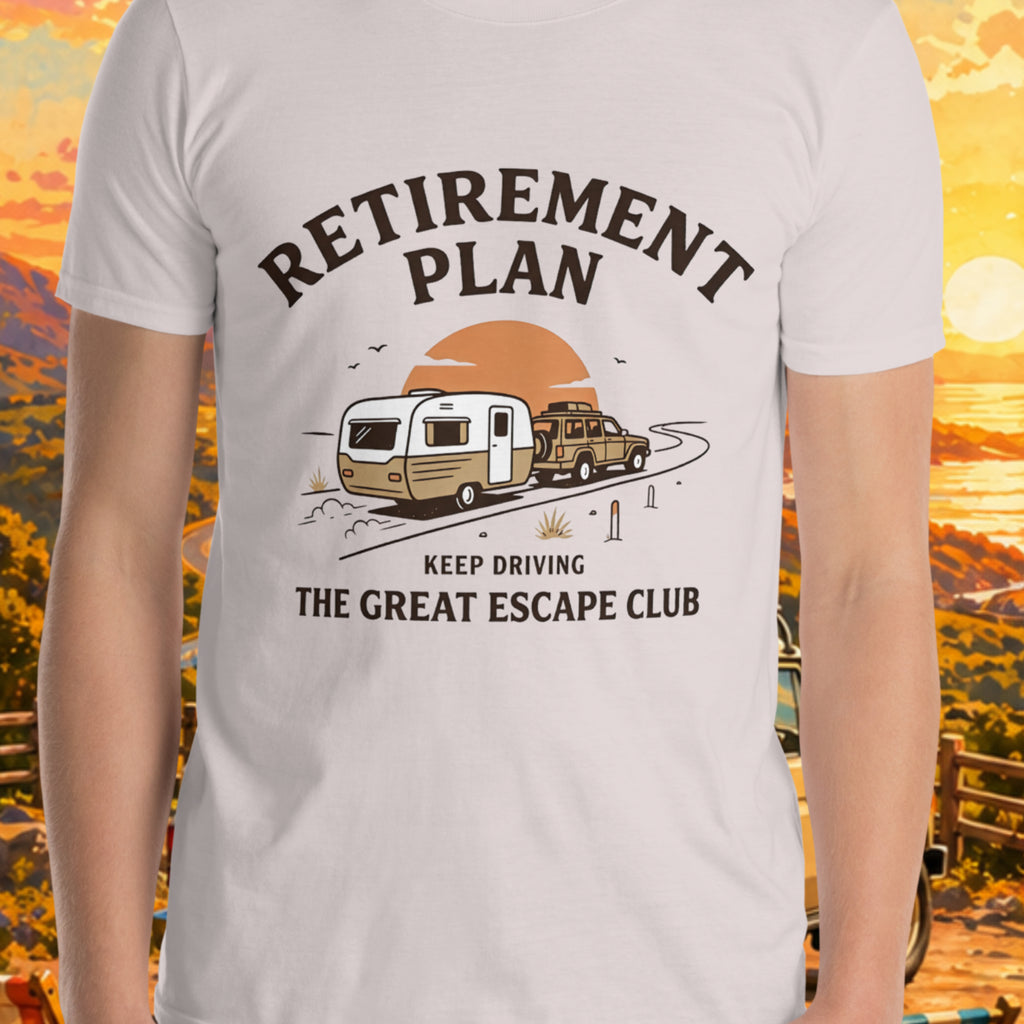 Retirement Plan Keep Driving unisex Ice Grey T-shirt with retro caravan road trip design for grey nomads, retirees and travel lovers
