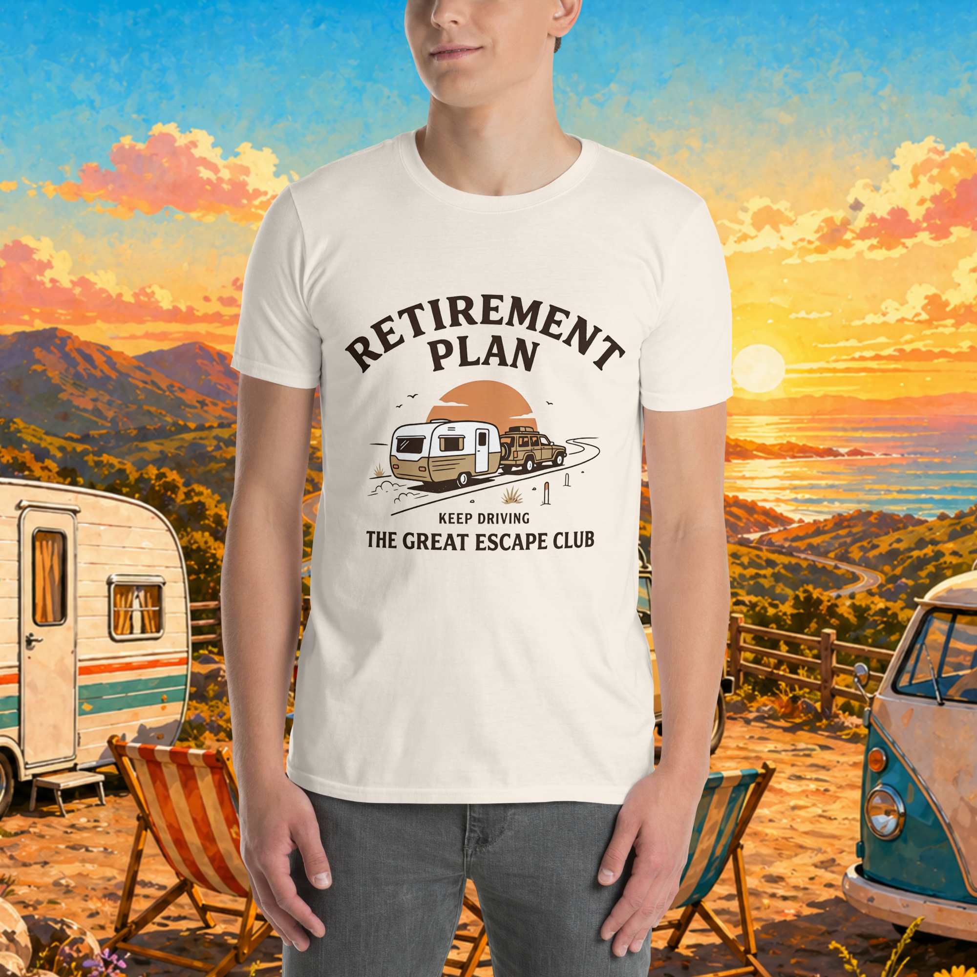 Retirement Plan Keep Driving unisex Natural White T-shirt with retro caravan road trip design for grey nomads, retirees and travel lovers