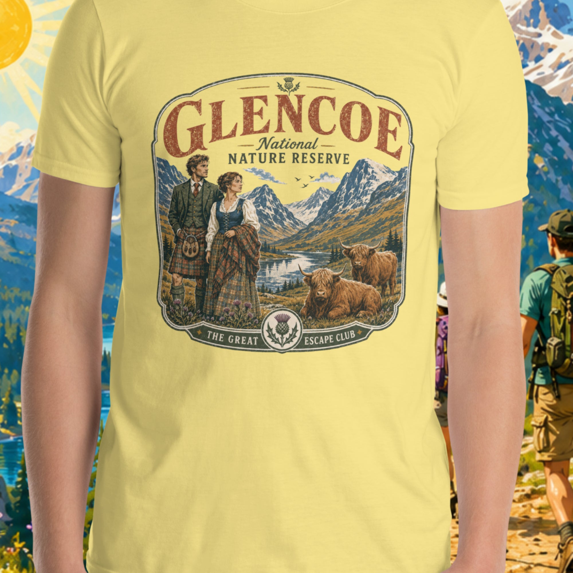 Retro Style Glencoe National Nature Reserve unisex T-shirt in light yellow featuring a vintage Scottish Highlands travel design with Highland cows and thistles.