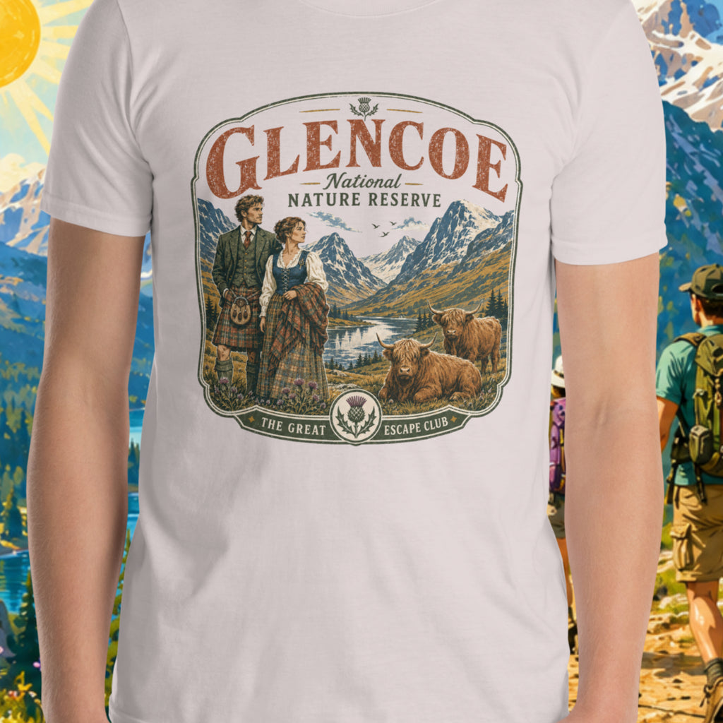 Retro Style Glencoe National Nature Reserve unisex T-shirt in ice-grey featuring a vintage Scottish Highlands travel design with Highland cows and thistles.