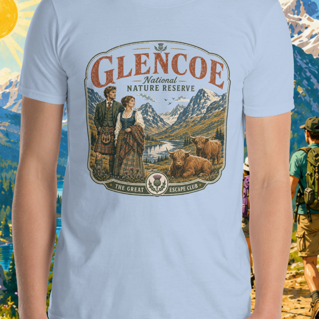 Retro Style Glencoe National Nature Reserve unisex T-shirt in Light Blue featuring a vintage Scottish Highlands travel design with Highland cows and thistles.