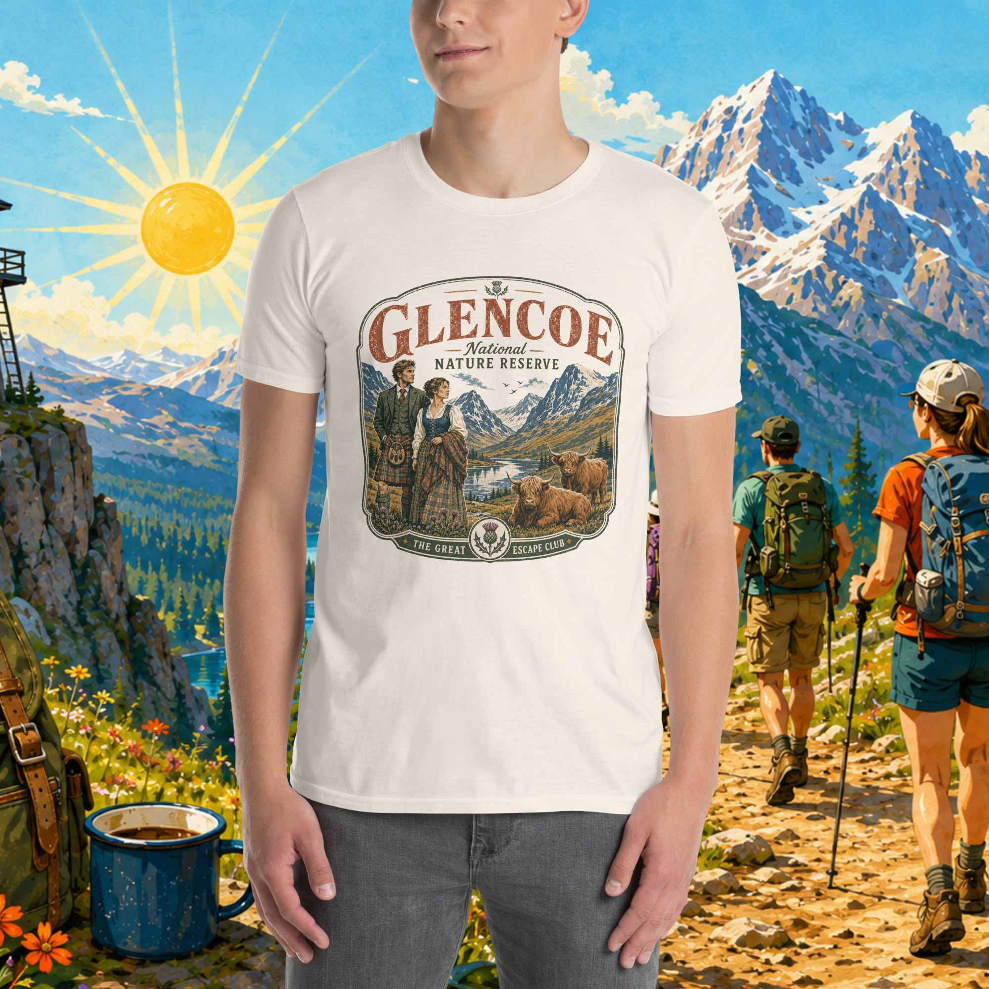 Retro Style Glencoe National Nature Reserve unisex T-shirt in natural white featuring a vintage Scottish Highlands travel design with Highland cows and thistles.