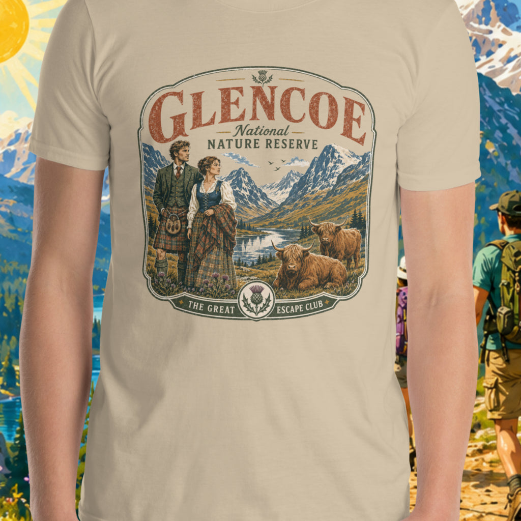 Retro Style Glencoe National Nature Reserve unisex T-shirt in sand featuring a vintage Scottish Highlands travel design with Highland cows and thistles.