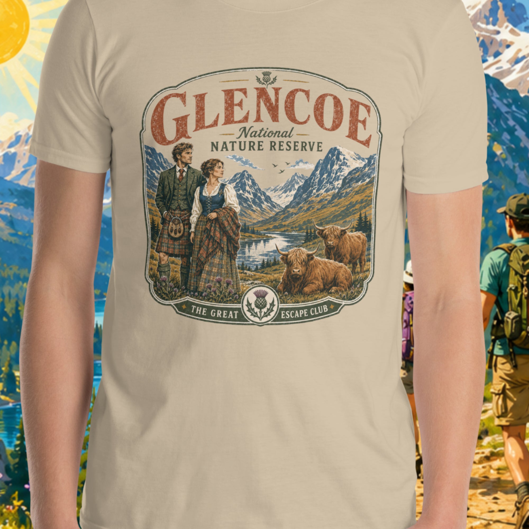Retro Style Glencoe National Nature Reserve unisex T-shirt in sand featuring a vintage Scottish Highlands travel design with Highland cows and thistles.