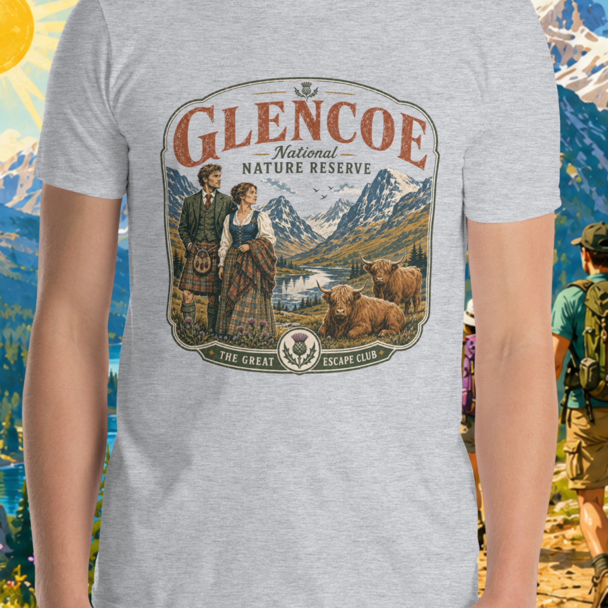 Retro Style Glencoe National Nature Reserve unisex T-shirt in light grey featuring a vintage Scottish Highlands travel design with Highland cows and thistles.