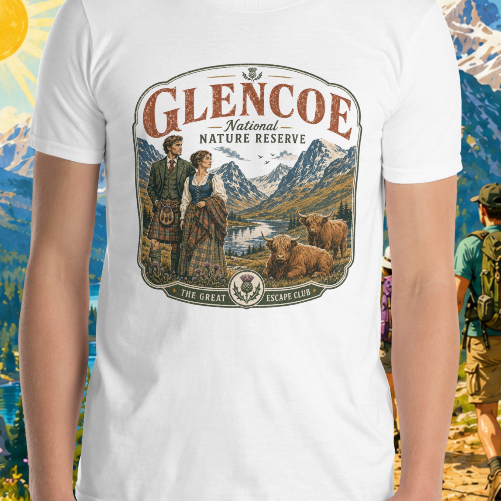 Retro Style Glencoe National Nature Reserve unisex T-shirt in plain white featuring a vintage Scottish Highlands travel design with Highland cows and thistles.