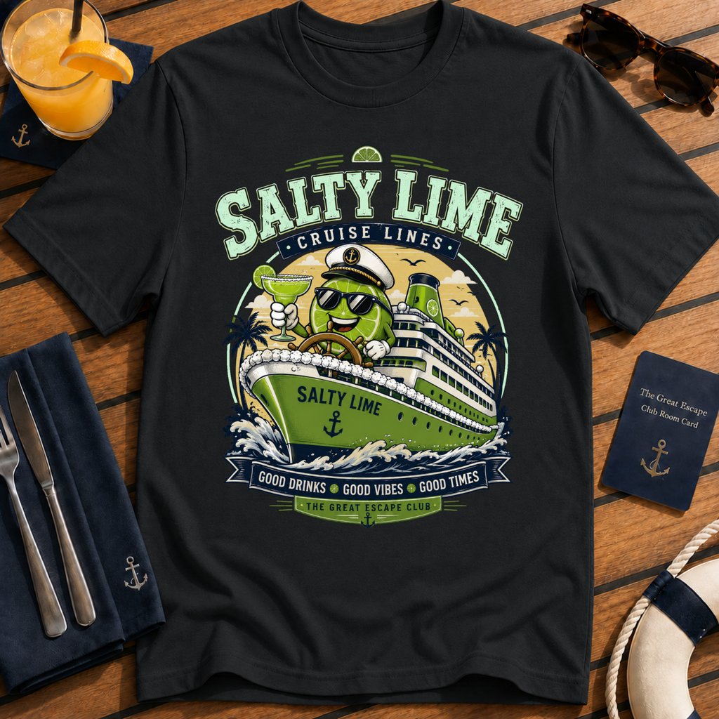 Salty Lime Cruise Lines funny margarita cruise t-shirt design on Black shirt