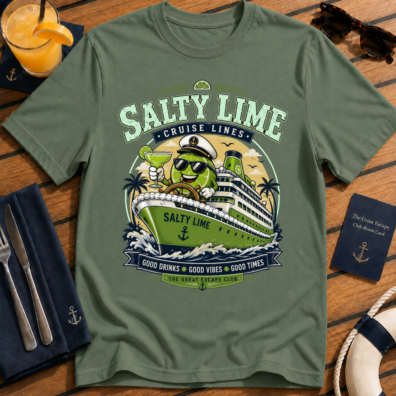 Salty Lime Cruise Lines funny margarita cruise t-shirt design on Military Green shirt