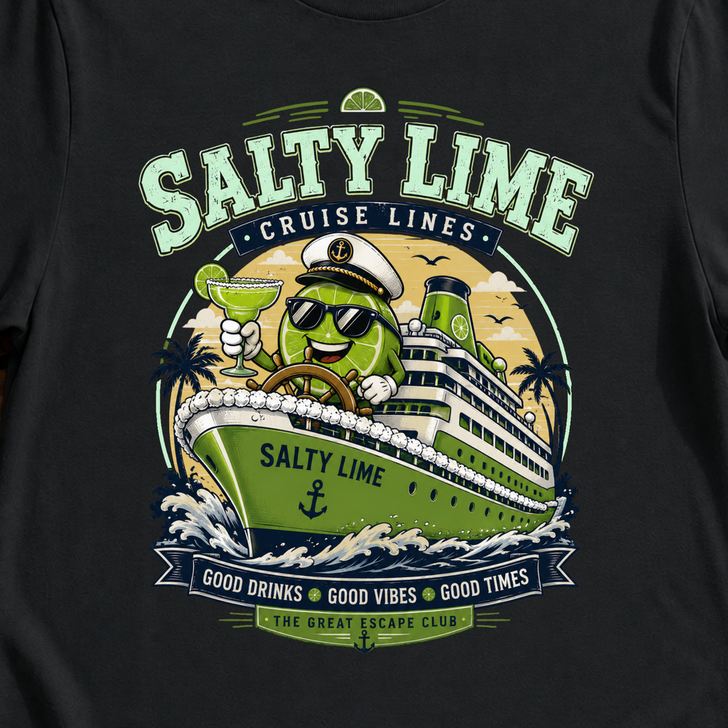 Salty Lime Cruise Lines funny margarita cruise t-shirt design on Black shirt