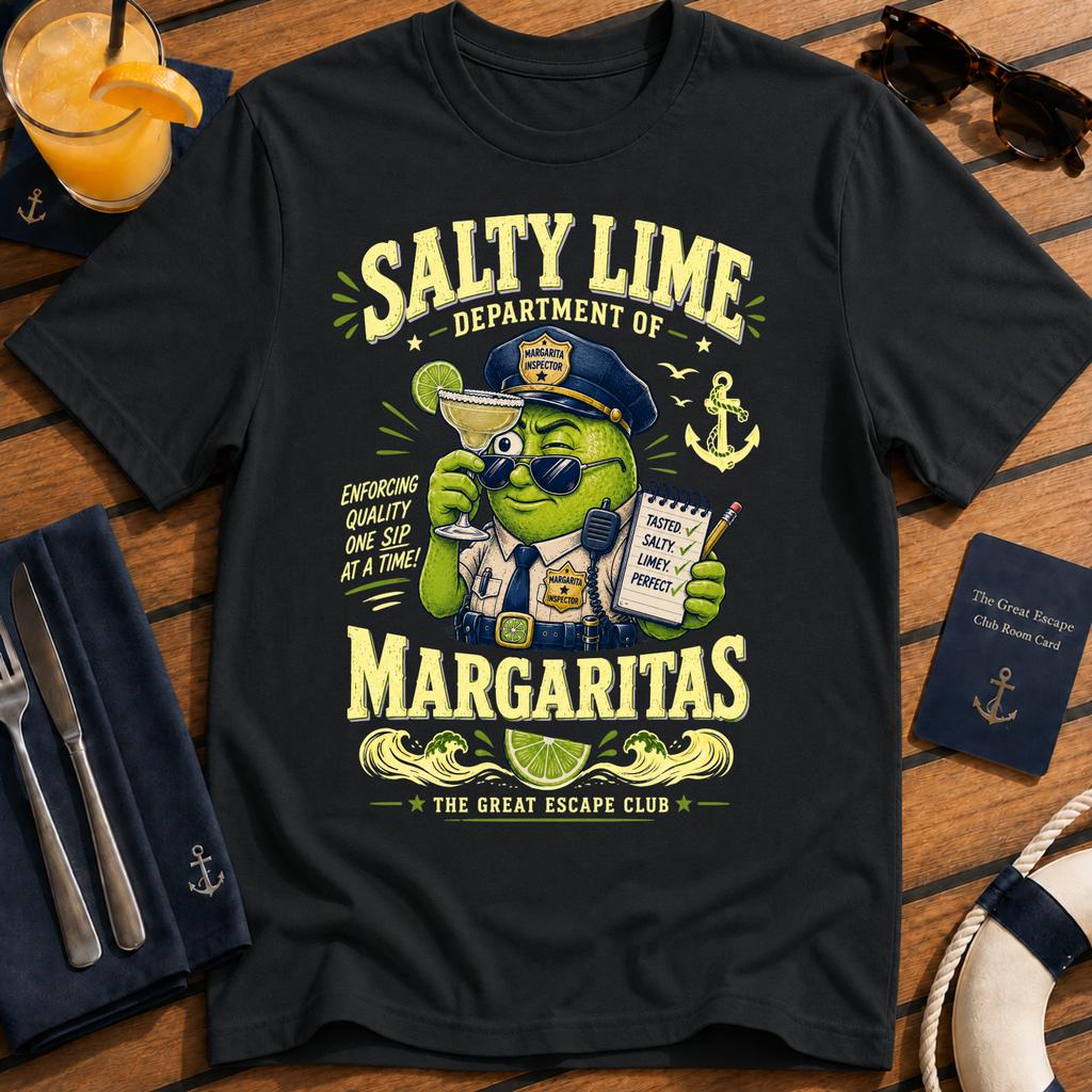 Salty Lime Department of Margaritas cruise cocktail t-shirt design on Black shirt