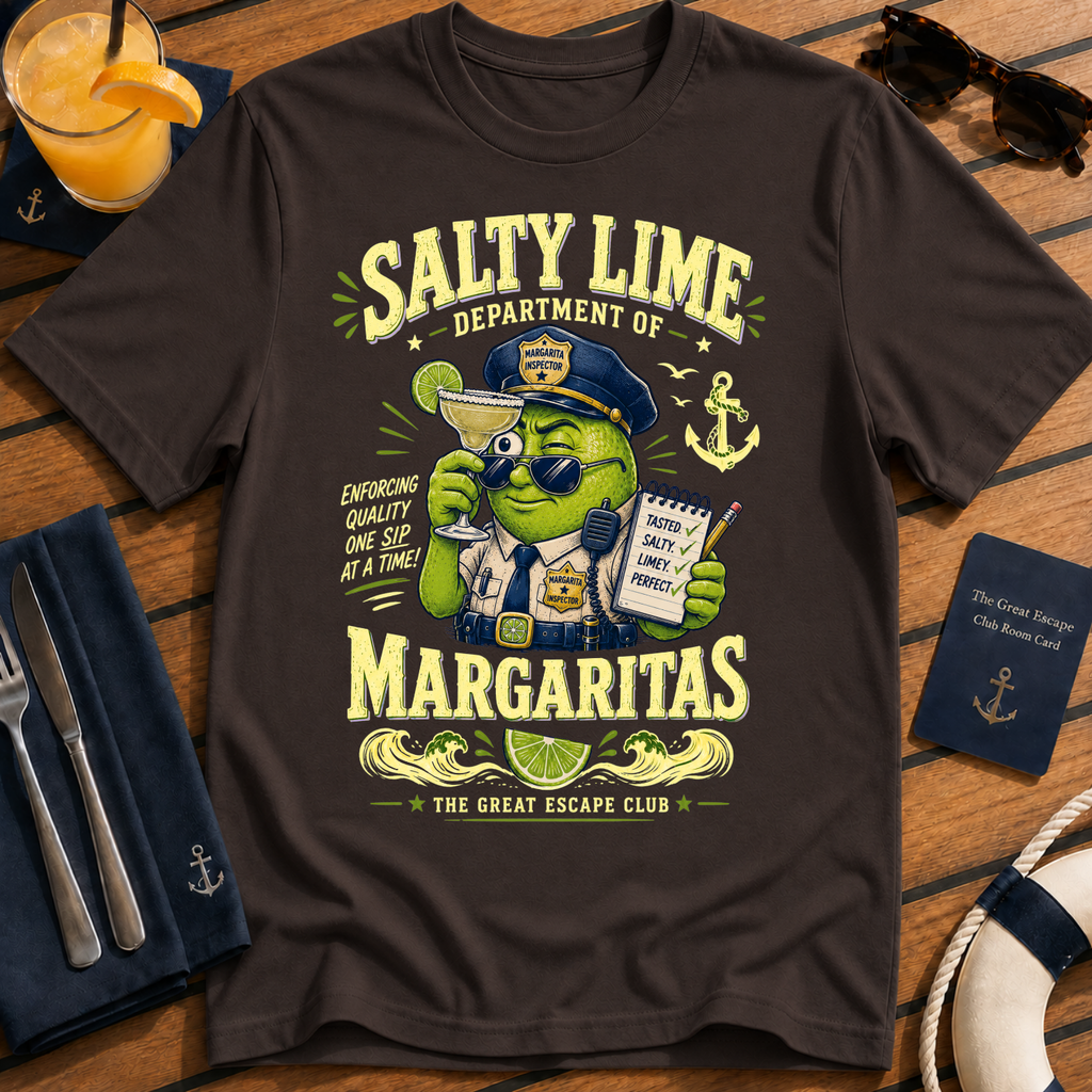 Salty Lime Department of Margaritas cruise cocktail t-shirt design on Dark Chocolate shirt