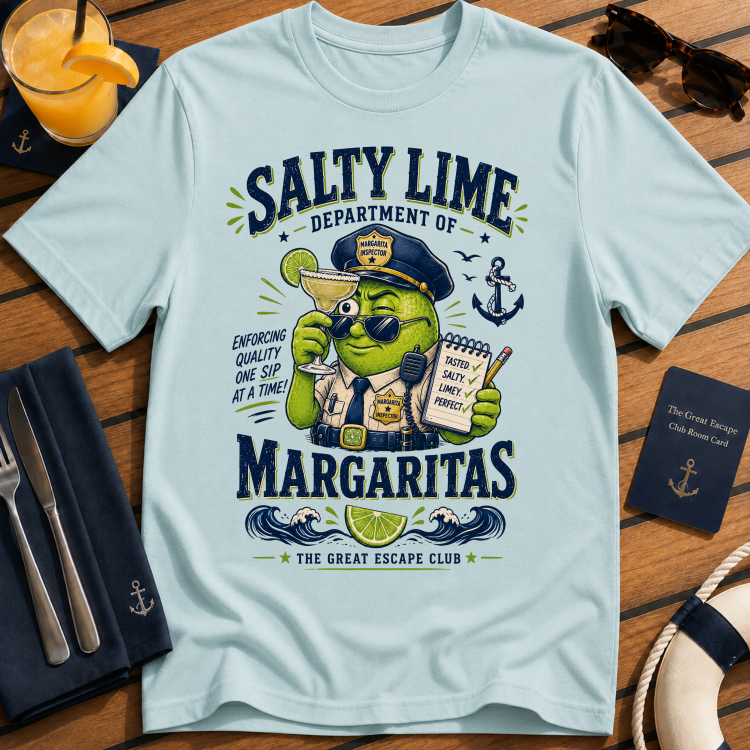 Salty Lime Department of Margaritas cruise cocktail t-shirt design on Light Blue shirt