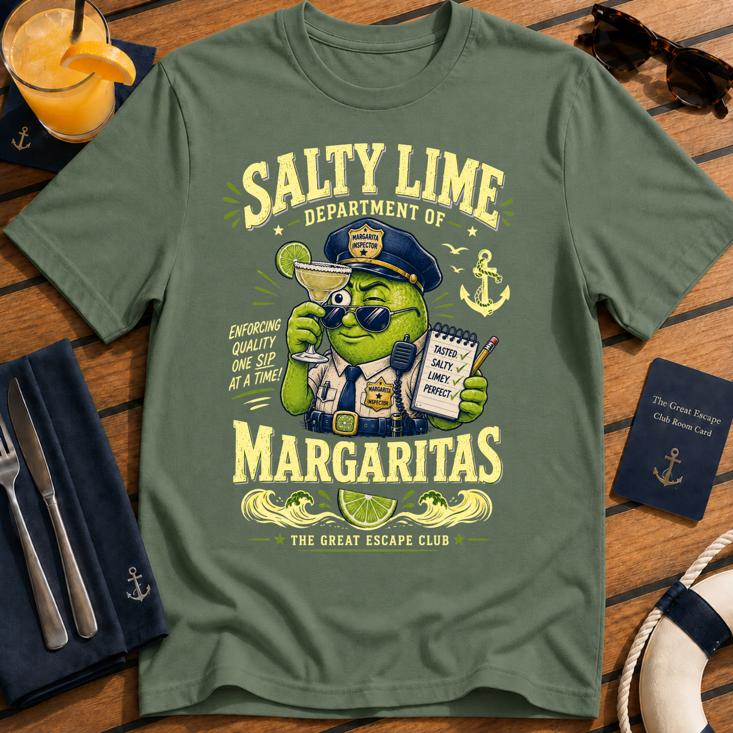 Salty Lime Department of Margaritas cruise cocktail t-shirt design on Military Green shirt