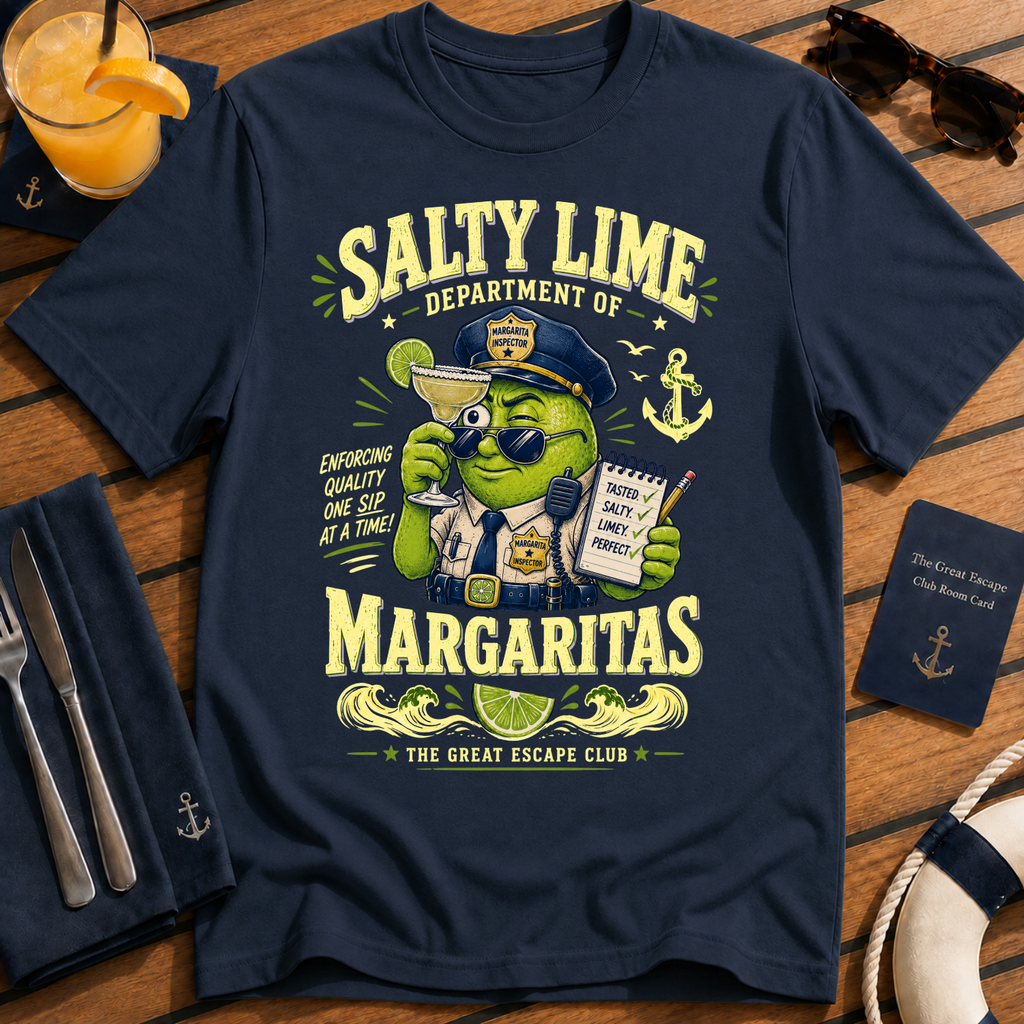 Salty Lime Department of Margaritas cruise cocktail t-shirt design on Navy shirt