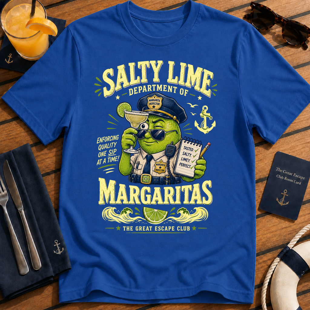 Salty Lime Department of Margaritas cruise cocktail t-shirt design on Royal Blue shirt