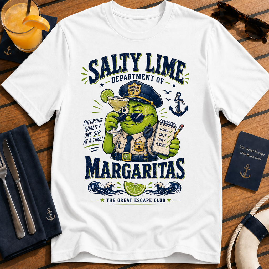 Salty Lime Department of Margaritas cruise cocktail t-shirt design on White shirt