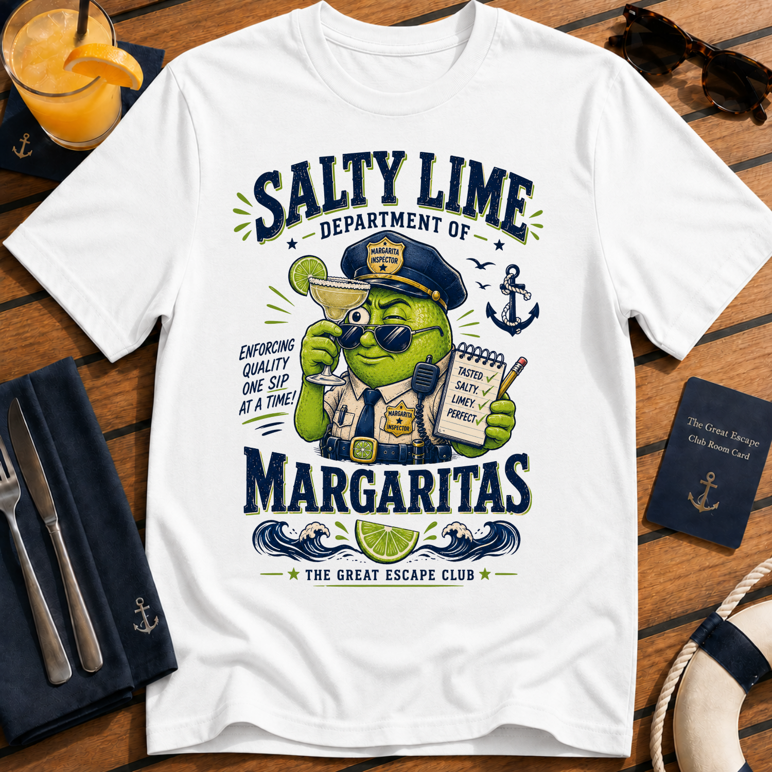 Salty Lime Department of Margaritas cruise cocktail t-shirt design on White shirt
