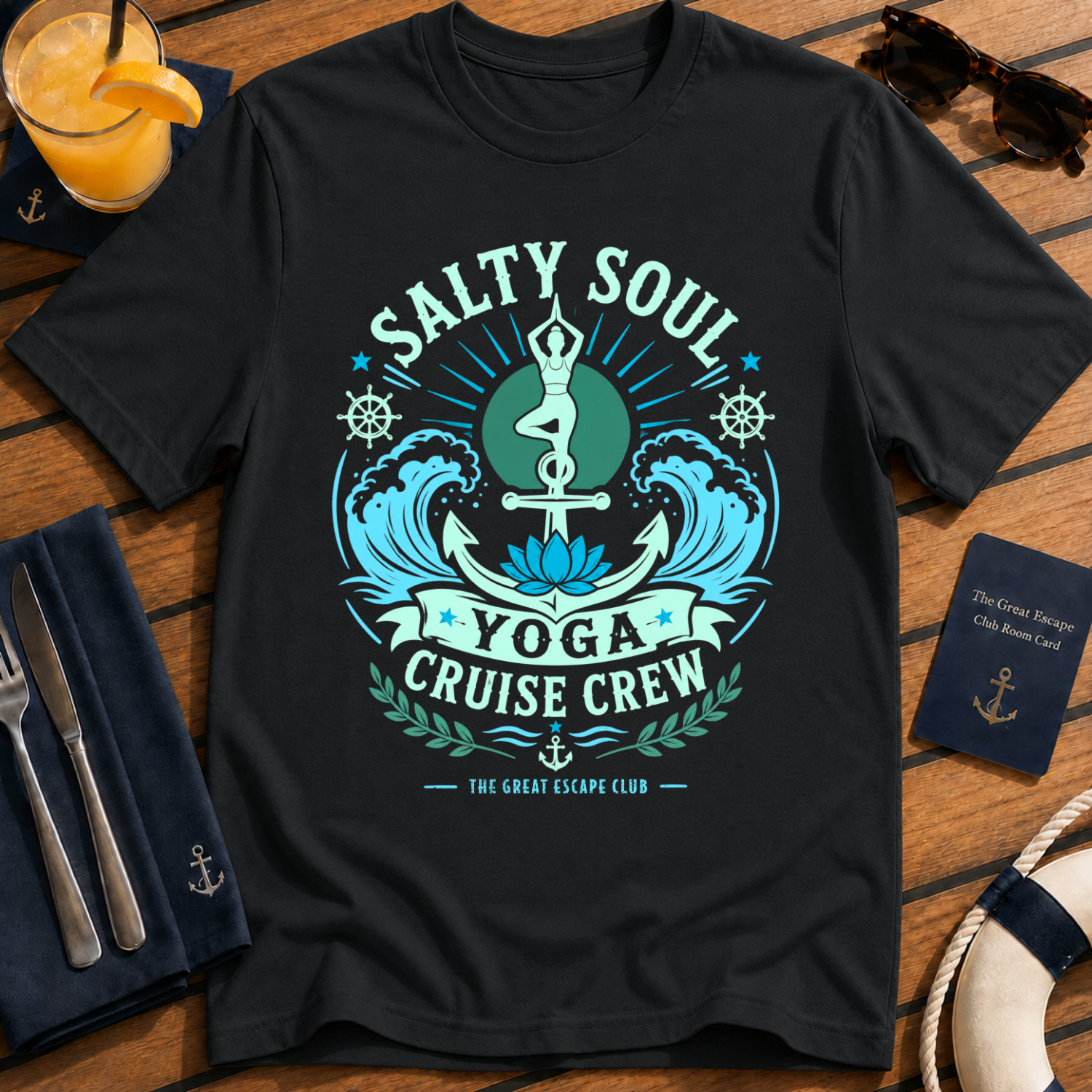 Salty Soul Yoga Cruise Crew nautical yoga t-shirt design on Black shirt